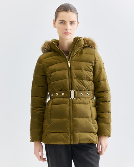 Michael Kors Plumifero corto de mujer entallado con cinturon y capucha